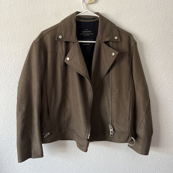 All Saints Green Brown Balfern Biker Suede Jacket Size US 2 MISSING BELT - Picture 2 of 7